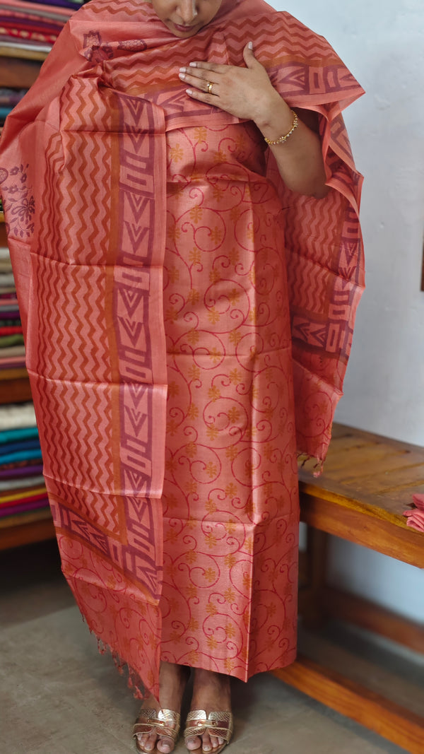 Burnt Peach Printed Tussar Silk Suit - TN293