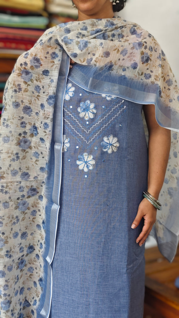 Blue Linen Cotton Suit with Floral Dupatta - BVC5