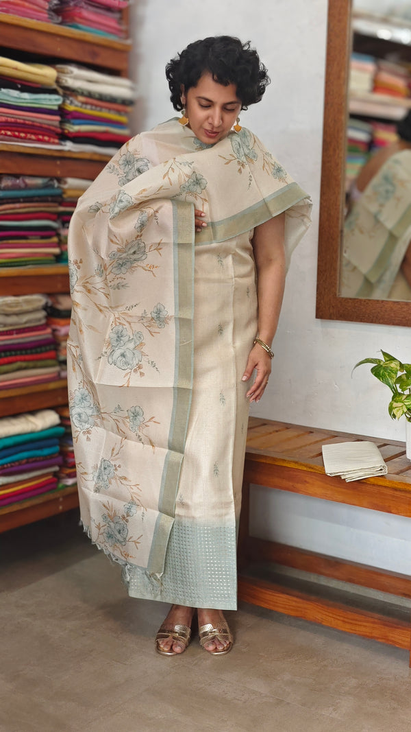 Cream and Teal Woven Semi Silk Suit - CSU8
