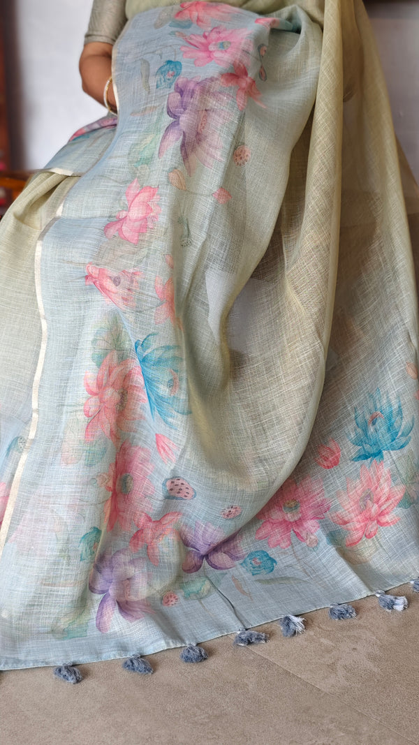 Green and Teal Printed Tissue Linen Saree - DMA37