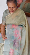 Green and Teal Printed Tissue Linen Saree - DMA37
