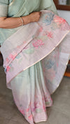 Green and Pink Printed Tissue Linen Saree - DMA37