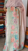 Lilac and Green Printed Linen Tissue Saree - DMA37