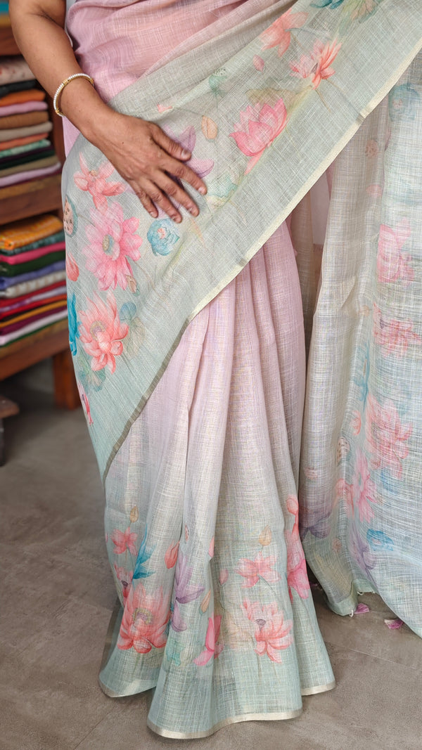 Lilac and Green Printed Linen Tissue Saree - DMA37