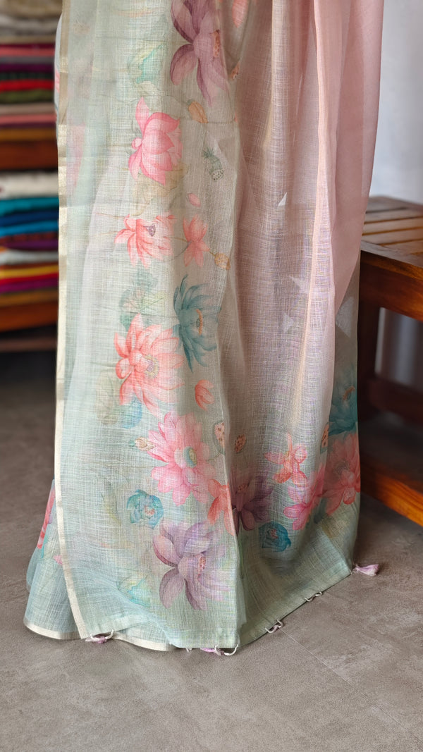 Lilac and Green Printed Linen Tissue Saree - DMA37