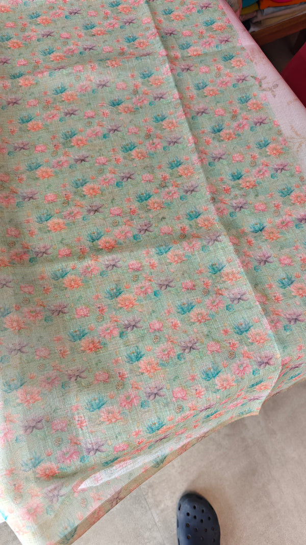 Lilac and Green Printed Linen Tissue Saree - DMA37