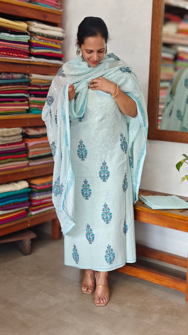 Light Blue Cotton Block Printed Suit - GR740