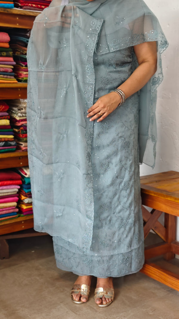 Iceberg Blue Embroidered Crushed Organza Suit - PFV4