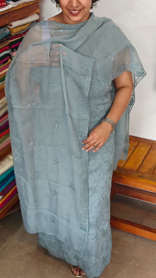 Iceberg Blue Embroidered Crushed Organza Suit - PFV4