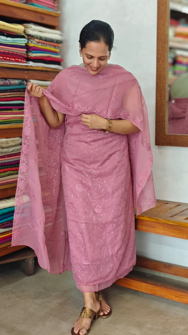 Mauve Embroidered Crushed Organza Suit - PFV4