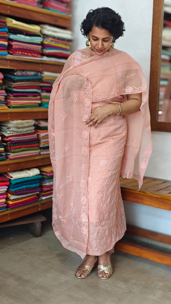Peach Embroidered Crushed Organza Suit - PFV4