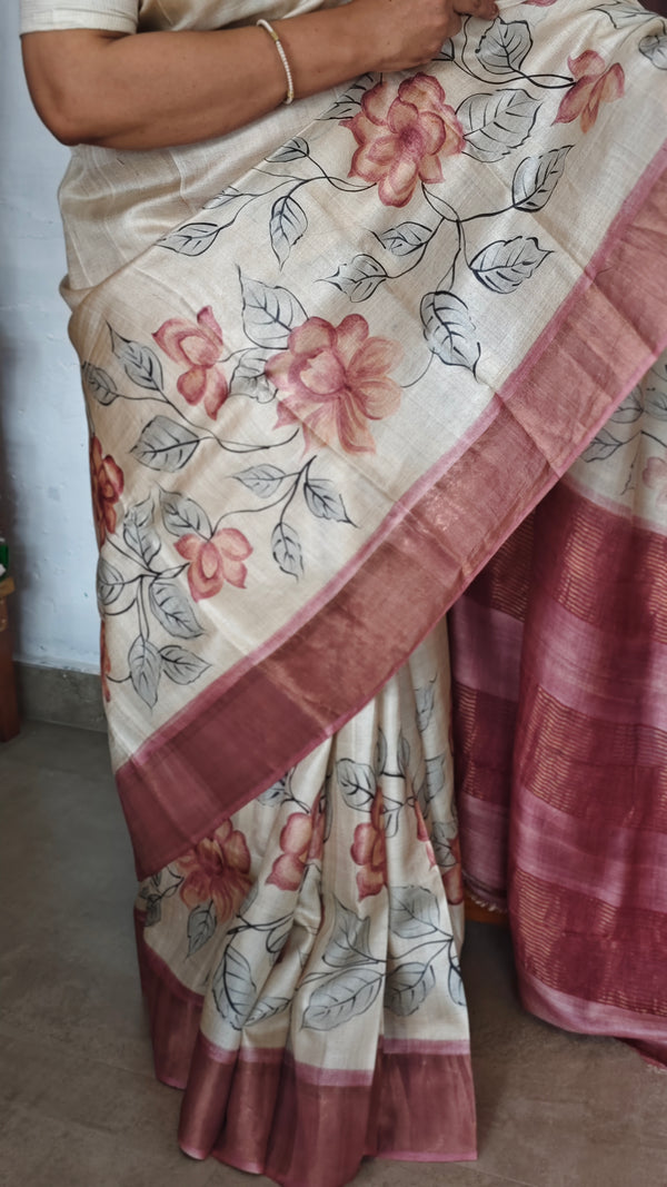 Cream and Mauve Printed Desi Tussar Silk Saree - EX2831