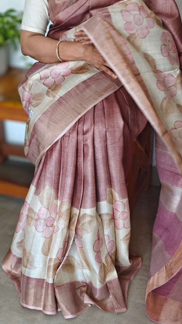 Mauve and Cream Printed Desi Tussar Silk Saree - EX2831