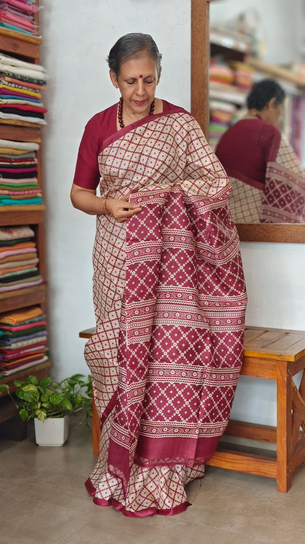 Cream and Maroon Printed Desi Tussar Silk Saree - EX2843