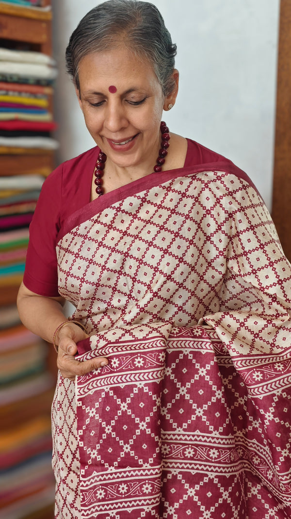 Cream and Maroon Printed Desi Tussar Silk Saree - EX2843