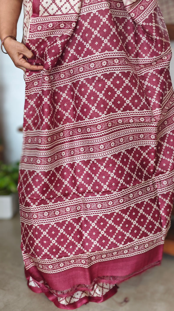 Cream and Maroon Printed Desi Tussar Silk Saree - EX2843