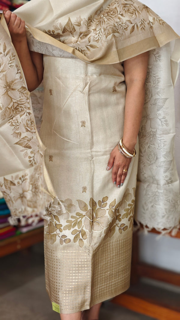 Light Beige and Olive Green Printed Woven Semi Silk Suit - CSU8