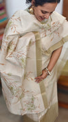 Cream and Olive Green Woven and Printed Semi Silk Suit - CSU8