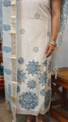 Off White and Blue Net Kota Suit with Applique work and Embroidery - 4221