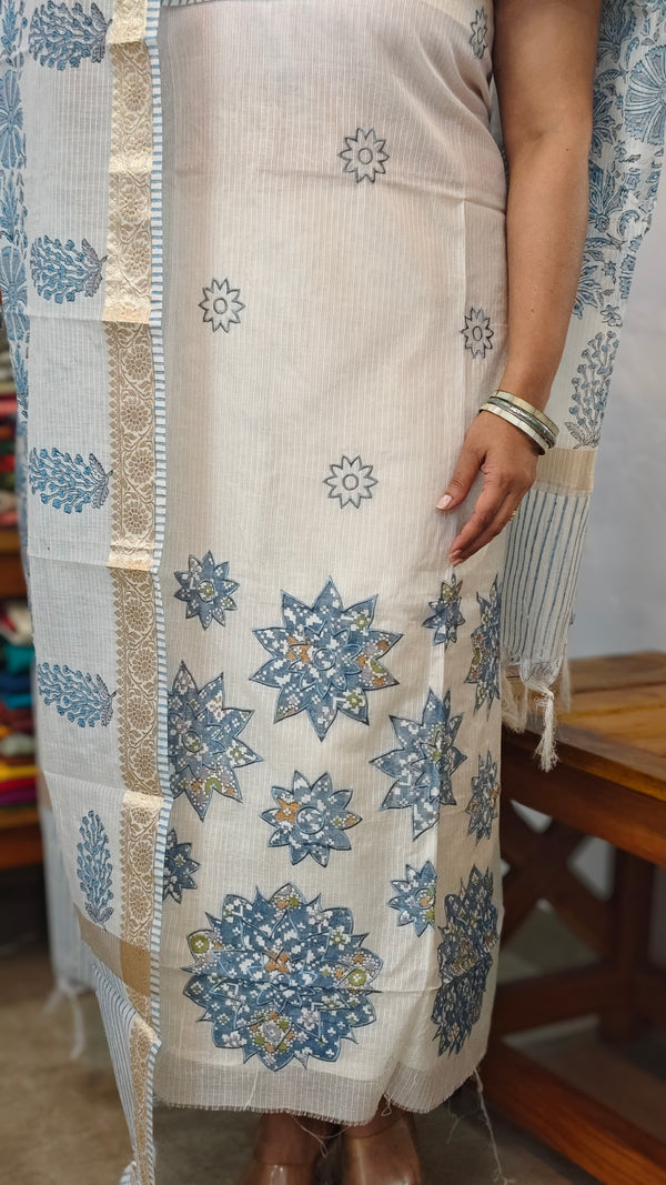 Off White and Blue Net Kota Suit with Applique work and Embroidery - 4221