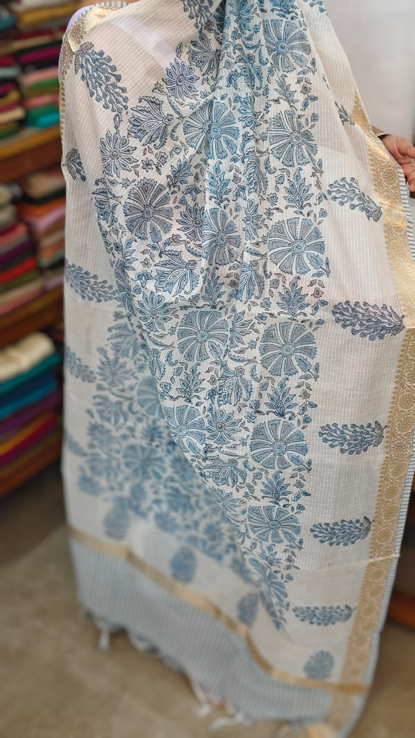 Off White and Blue Net Kota Suit with Applique work and Embroidery - 4221