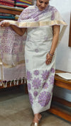 Off white and Lavender Net Kota suit with Applique and Embroidery - 4221