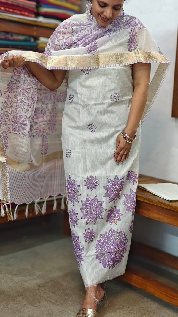 Off white and Lavender Net Kota suit with Applique and Embroidery - 4221