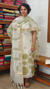 Off white and Green Net Kota Suit with Applique and Embroidery - 4221
