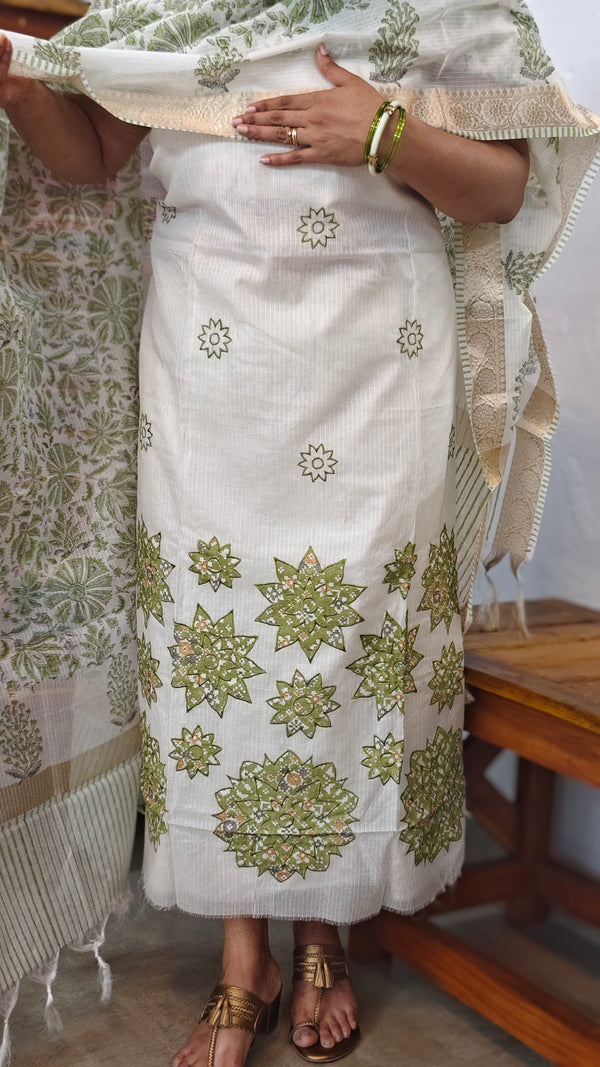 Off white and Green Net Kota Suit with Applique and Embroidery - 4221