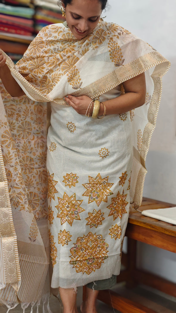 Off White and Mustard Net Kota Suit with Applique and Embroidery - 4221