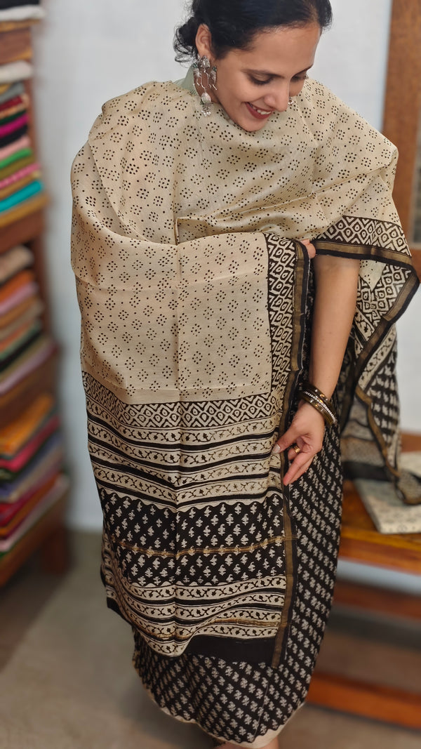 Black and Beige Block Printed Chanderi Silk Suit - MC059