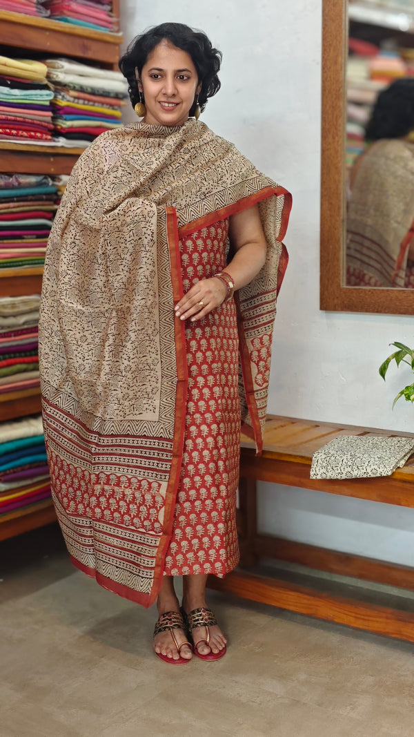 Brick Red and Beige Block Printed Chanderi Silk Suit - MC059