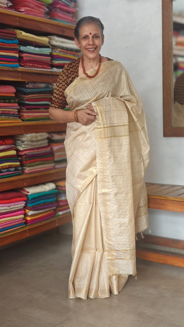 Light Beige and Gold Mini Checks Semi Silk Saree - TR26