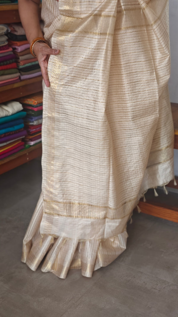 Light Beige and Gold Mini Checks Semi Silk Saree - TR26