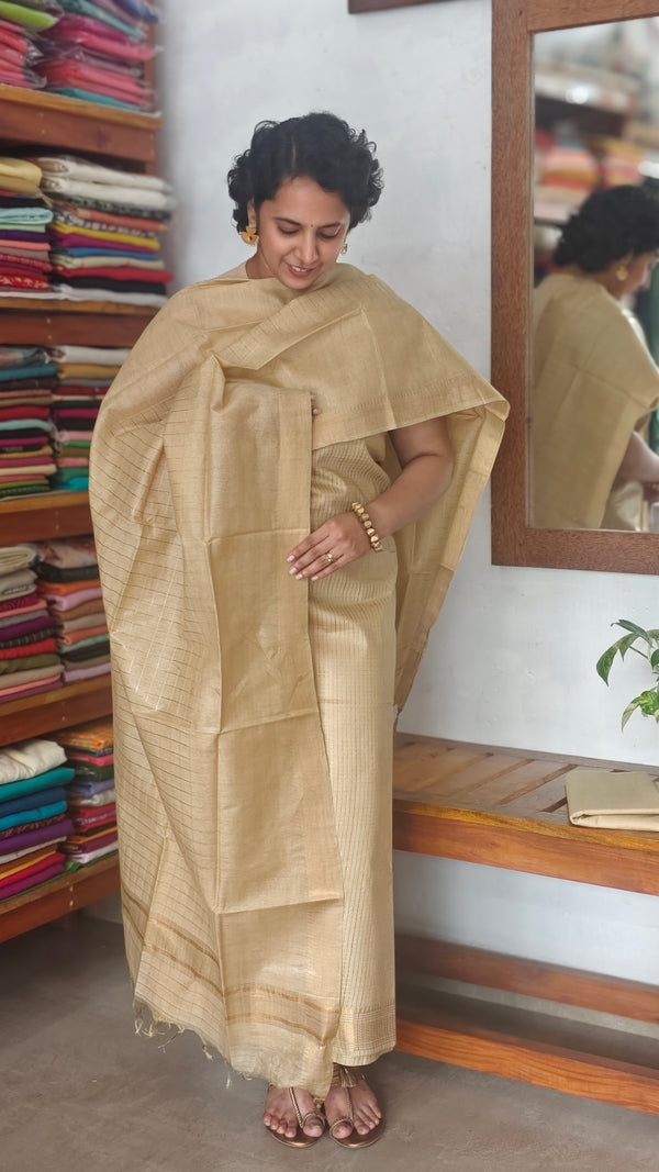 Golden Beige Checked Semi Silk Suit - TR26