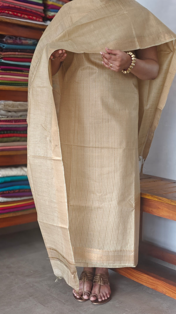 Golden Beige Checked Semi Silk Suit - TR26