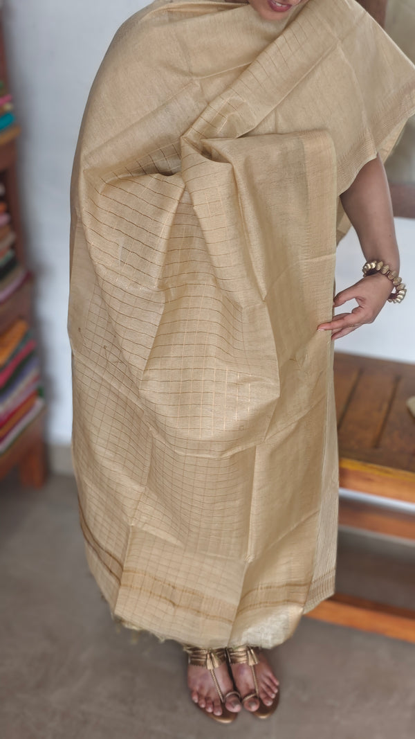 Golden Beige Checked Semi Silk Suit - TR26