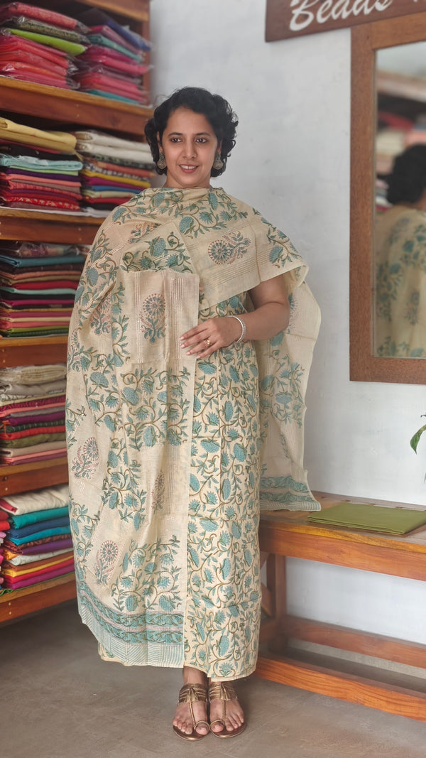Beige Block printed Chanderi Suit