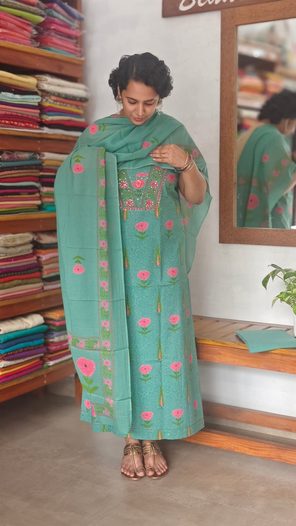 Teal Green Block Printed Cotton Suit