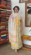 Yellow Floral Printed cotton Suit with chiffon dupatta