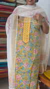 Yellow Floral Printed cotton Suit with chiffon dupatta