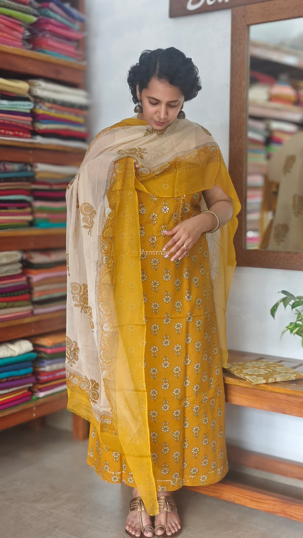 Dark Mustard Block Printed Cotton Suit with Chiffon Dupatta
