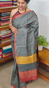 Blusih Grey and Brick Red Zari Checked Desi Tussar Silk Saree - KPR3