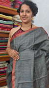 Blusih Grey and Brick Red Zari Checked Desi Tussar Silk Saree - KPR3