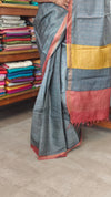 Blusih Grey and Brick Red Zari Checked Desi Tussar Silk Saree - KPR3