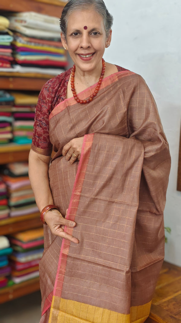Chocolate Mauve Zari Checked Desi Tussar Silk Saree - KPR3