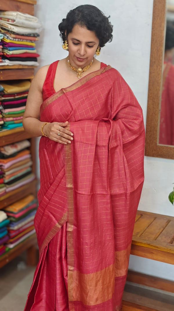 Dark Pink and Mauve Zari Checked Desi Tussar Silk Saree - KPR3