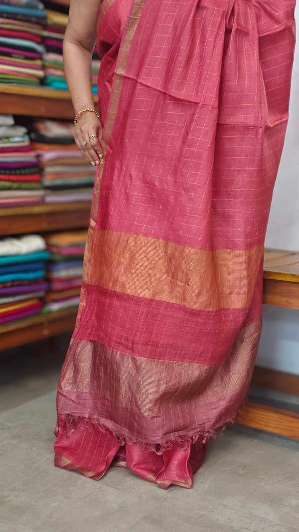 Dark Pink and Mauve Zari Checked Desi Tussar Silk Saree - KPR3