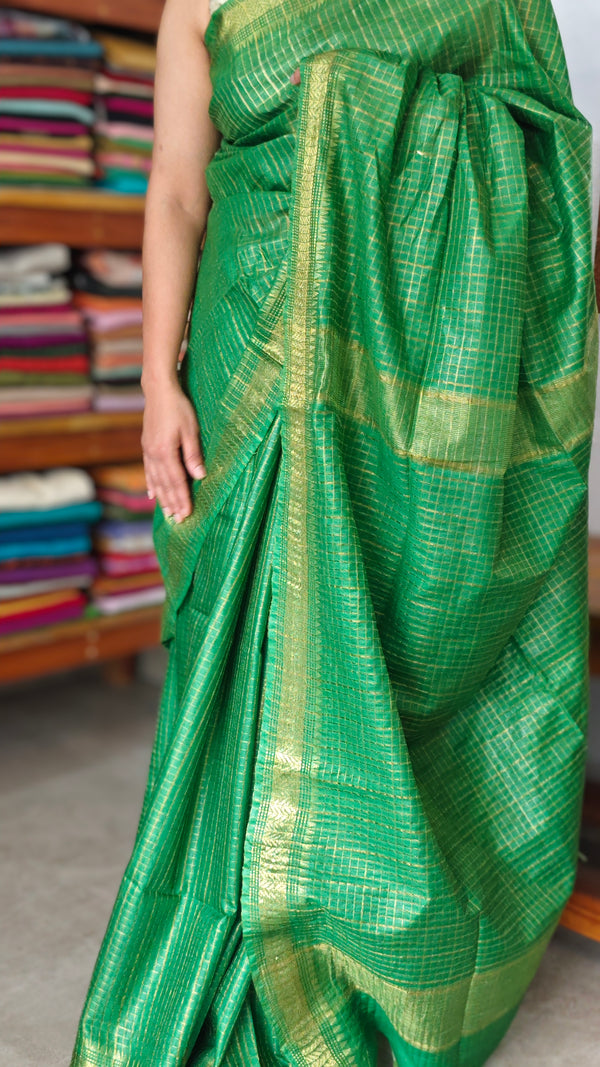 Forest Green Mini Checks Semi Silk Saree - BGR8