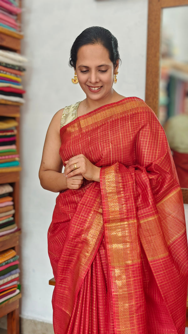 Scarlet Red Mini Checks Semi Silk Saree - BGR8